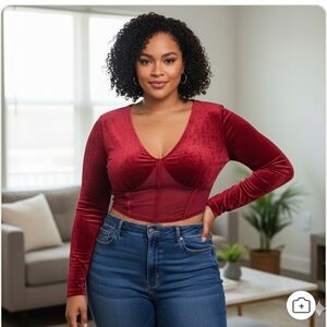 Promesa Burgundy Long Sleeve Crop Top - Ruched Detail V-Neck Size L New
